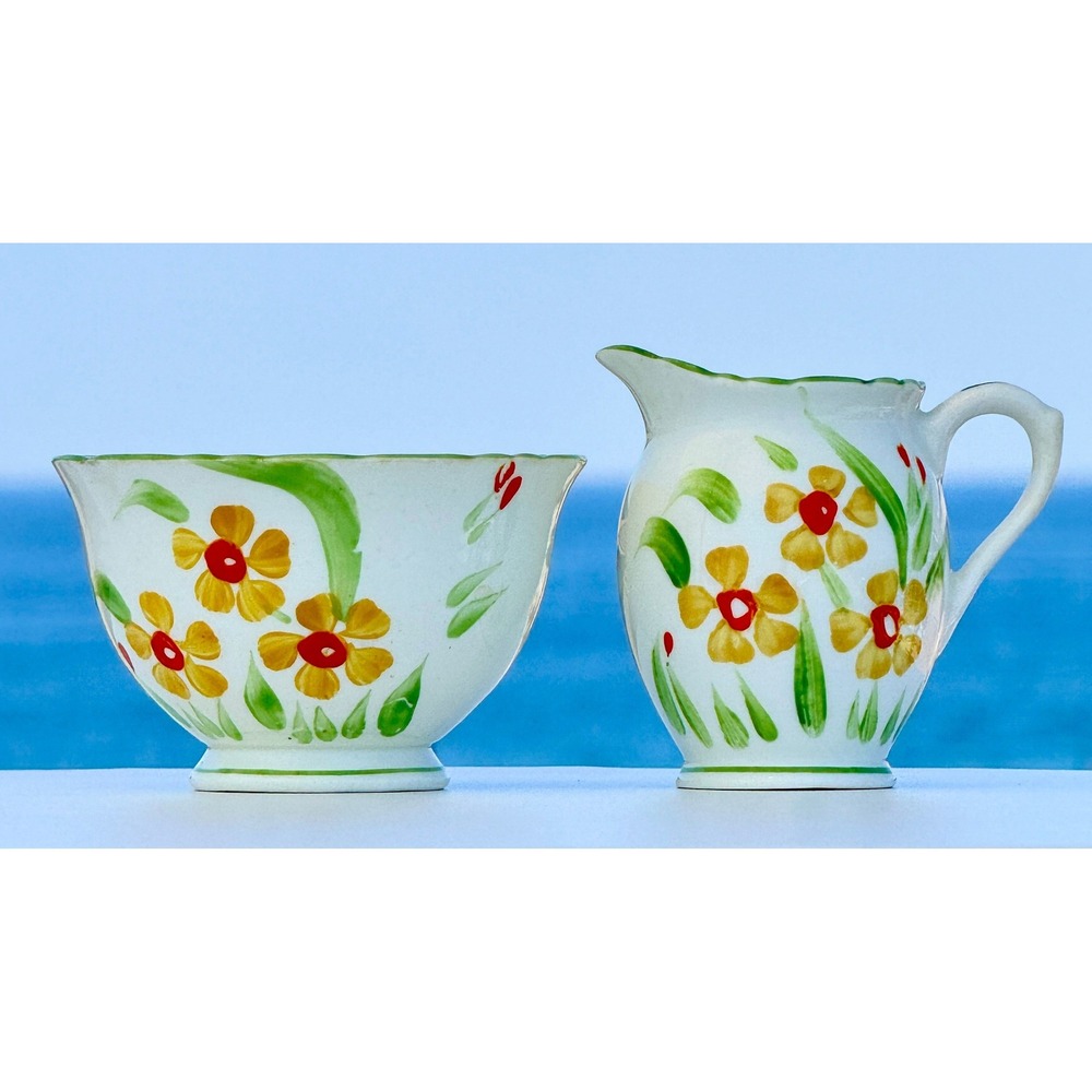 Sutherland Bone China Creamer and Sugar Bowl Set White Yellow Floral Vintage UK
